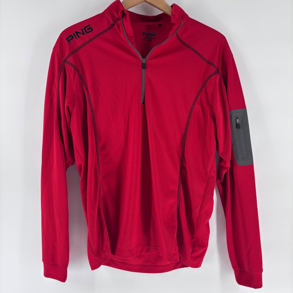 Ping 1/4 Zip Pullover Mens Medium‎ Red Performance Sleeve Pocket Golf Athletic